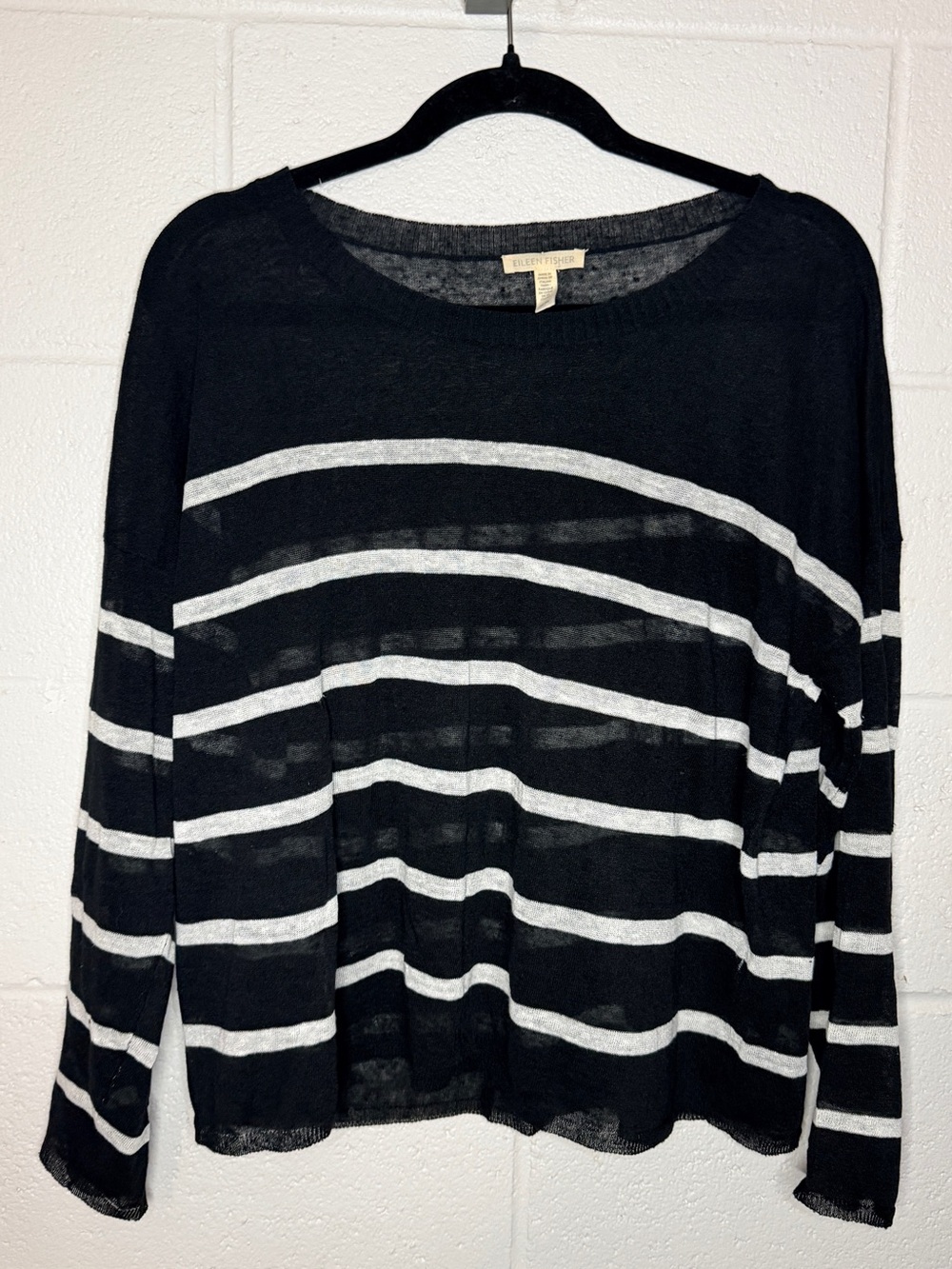Eileen Fisher Organic Linen Blend Sweater Black White Stripe size Medium